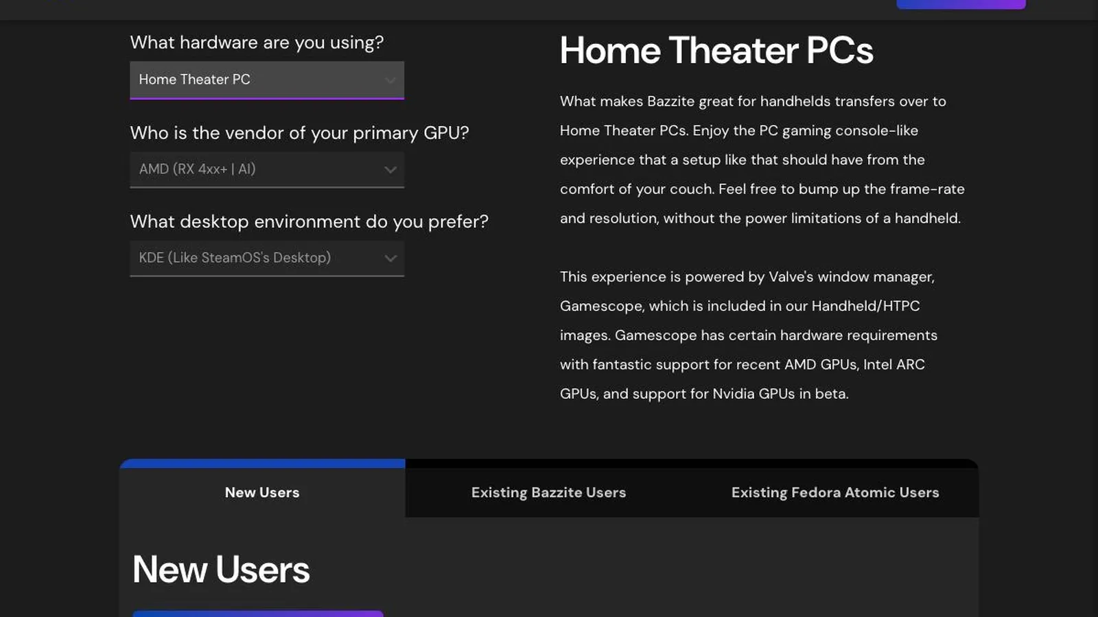 Bazzite 다운로드 폼에서 Home Theater PC를 선택한 화면