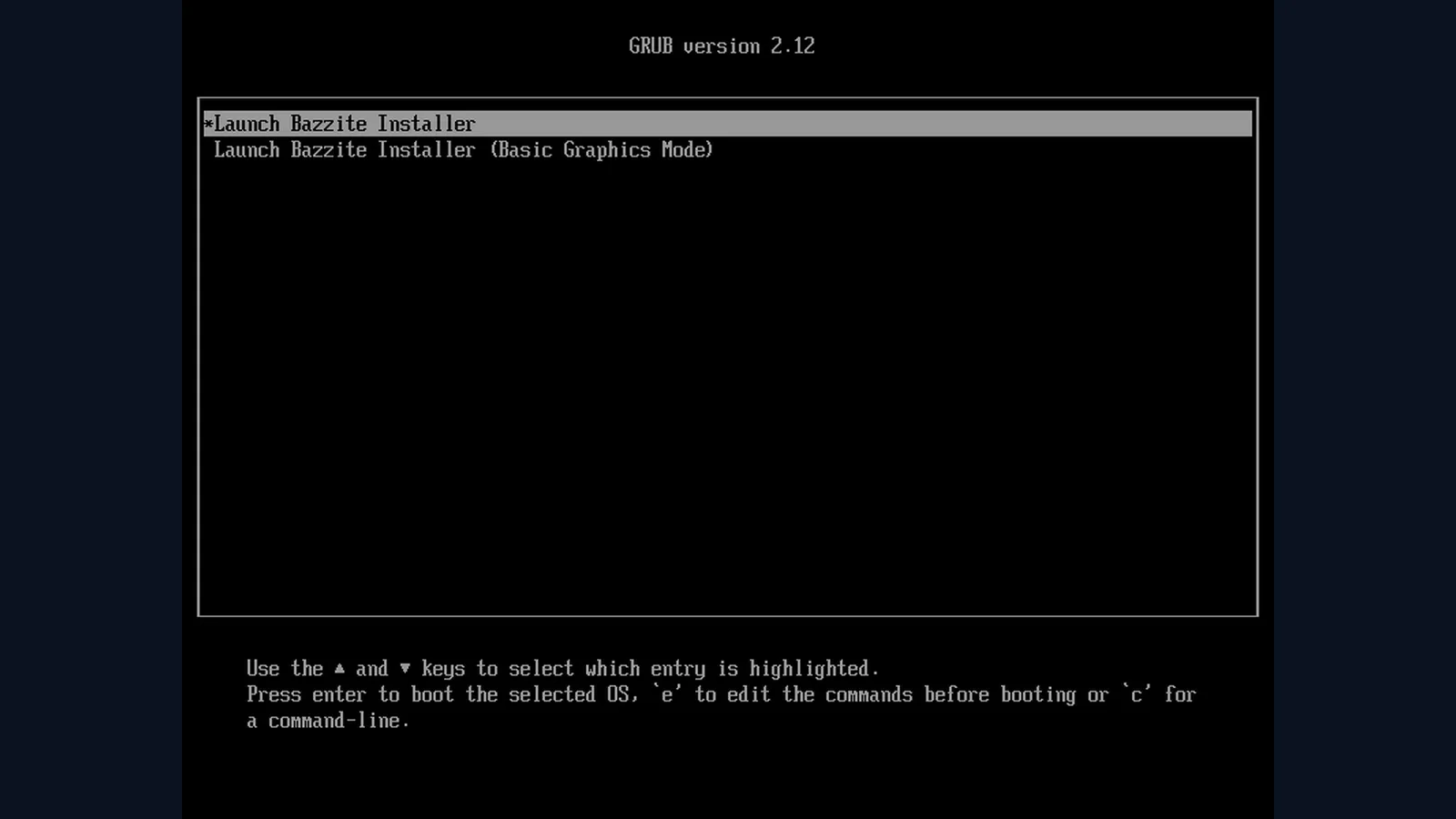 Bazzite 라이브 USB의 GRUB 부팅 메뉴