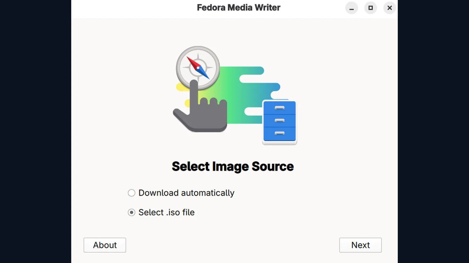 Fedora Media Writer에서 ISO 파일과 대상 USB 드라이브를 선택하는 화면