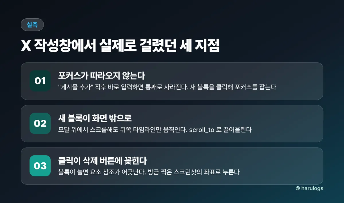 X 작성창에서 실제로 걸렸던 세 가지 지점